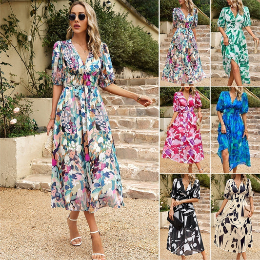 🎁Hot Sale 49% OFF⏳Elegant waist V-neck Floral Printed Dress