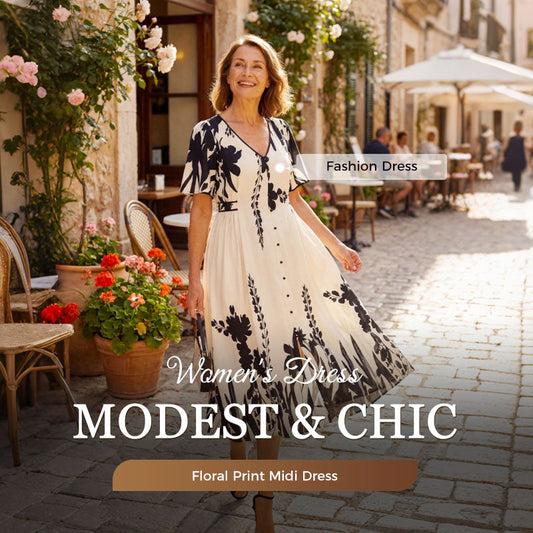 💥Soft Botanical Print V-Neck Midi Dress – Elegant👗Lightweight & All-Match💕