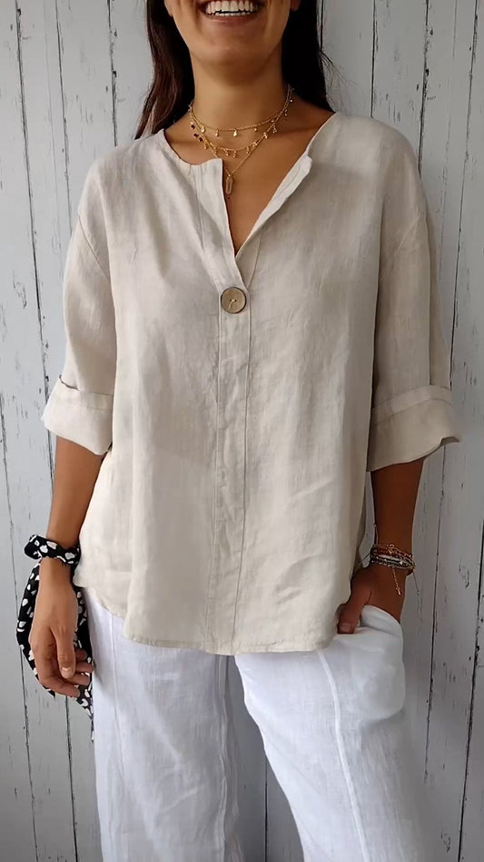 2024 New Plus Size V-neck Cotton and Linen Comfortable Top