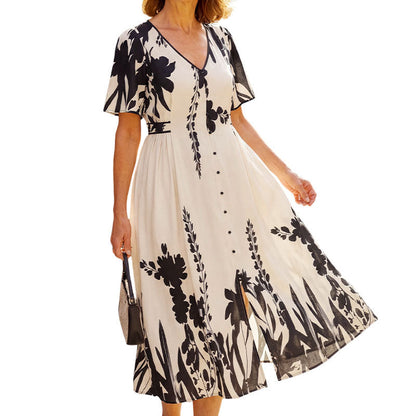 💥Soft Botanical Print V-Neck Midi Dress – Elegant👗Lightweight & All-Match💕
