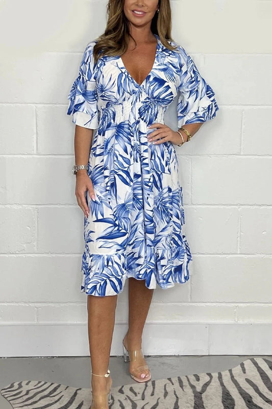 49% OFF TODAY💥Printed V-neck Smocked Waist Midi Dress