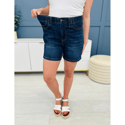 Blue Elastic Waist Mid Length Shorts