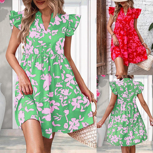 🔥Summer Hot Sale 49% OFF🔥Plus Size  Ruffle Sleeve V-Neck Printed Dress