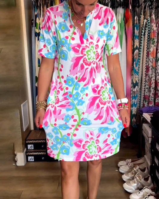 49% OFF🌸2024 New Plus Size Short Sleeve Dress, Flowery Print and V -neck