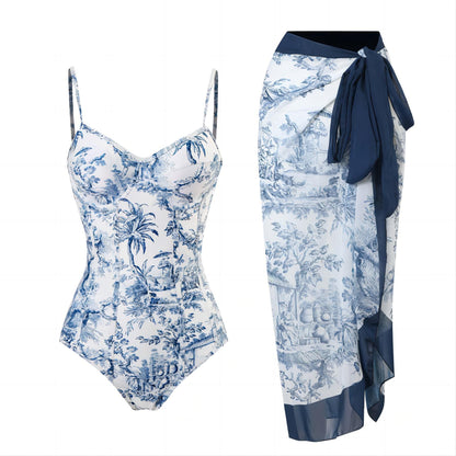 🌟Last Day 49% OFF-Women's Plants Print Contrast Mesh Swimsuit Set