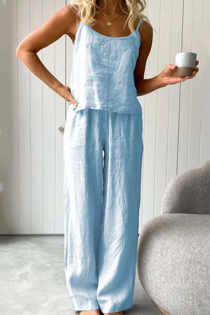 Solid Color Cotton Spaghetti Straps Long Pants Set