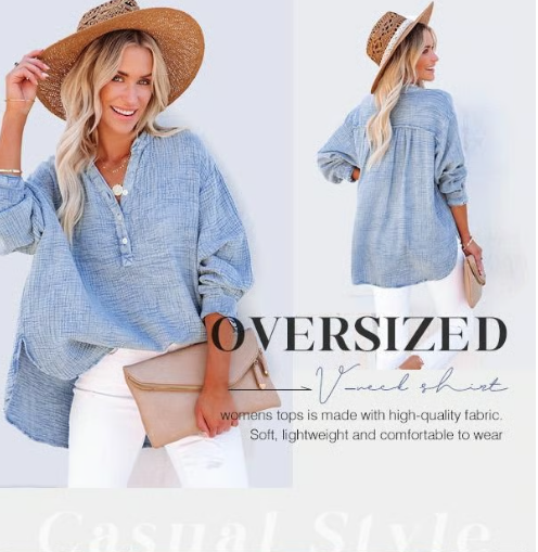 🤩Buy 2 free shipping✈️🤩Women’s Casual Gauze Button Neck Long Sleeve Blouse