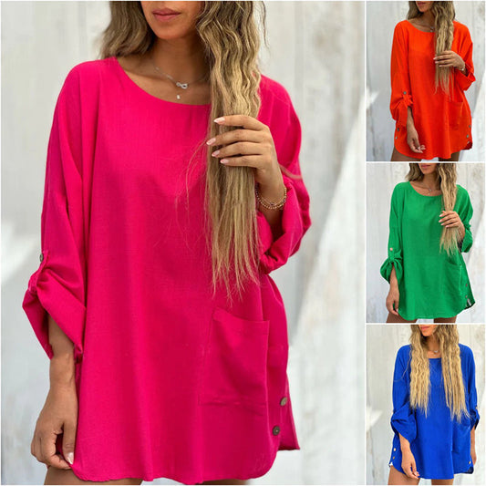 49% OFF TODAY🌹Women's Solid Color Loose Tops with Roll-Up Sleeves