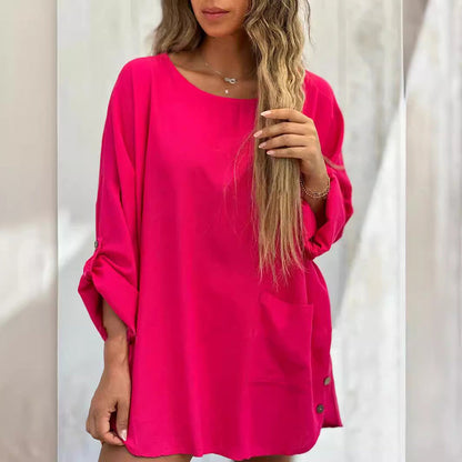 49% OFF TODAY🌹Women's Solid Color Loose Tops with Roll-Up Sleeves