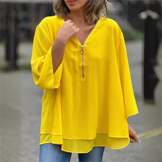 49% OFF TODAY💥2024 Plus Size Double-Layer V-neck Zipper 3/4 Sleeves Soft Tops