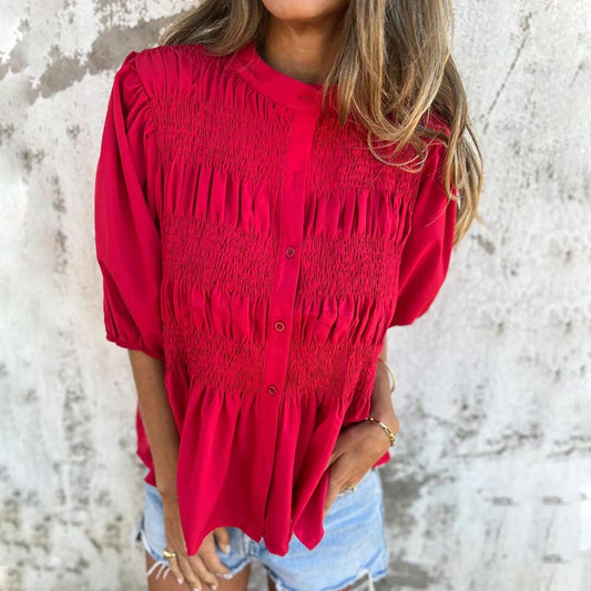 💖 New Year Hot Sale💖Women’s Casual Pleated Round-neck Button Shirt