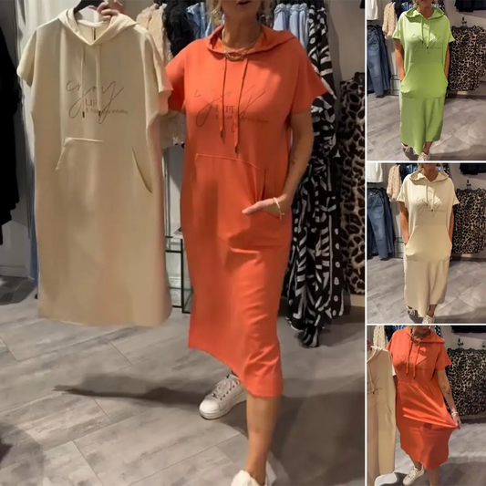 🔥Factory Direct Sales🌸Women’s Solid Short-Sleeve Hooded Long Dress💐