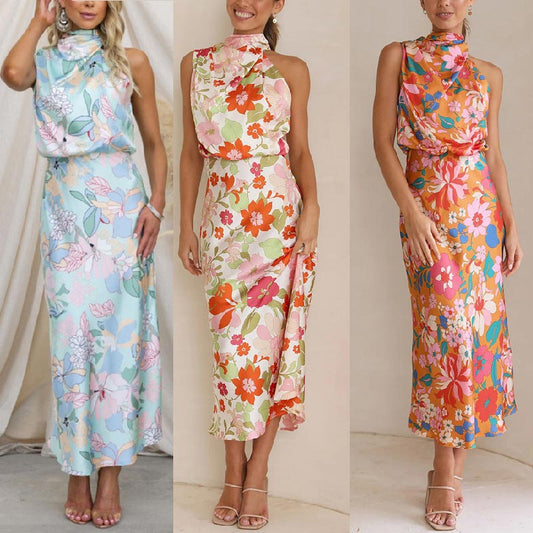 ✨2025 Hot Sale⌛Love In The Garden Floral Halter Neck Elastic Waist Maxi Dress