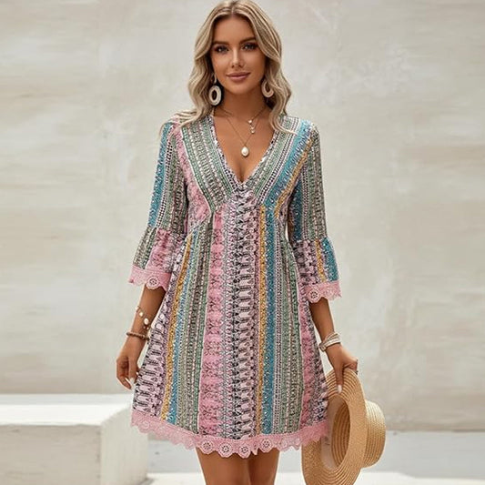 📢📢40% OFF !! ⏰The Bohemian Lace Trim Dress: V-neck, Long Sleeves, All-over Print👗