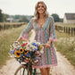 📢📢40% OFF !! ⏰The Bohemian Lace Trim Dress: V-neck, Long Sleeves, All-over Print👗