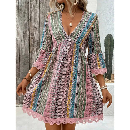 📢📢40% OFF !! ⏰The Bohemian Lace Trim Dress: V-neck, Long Sleeves, All-over Print👗
