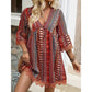 📢📢40% OFF !! ⏰The Bohemian Lace Trim Dress: V-neck, Long Sleeves, All-over Print👗