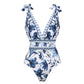 V Neck Lace Up Printed One Piece Swimsuit and Skirt